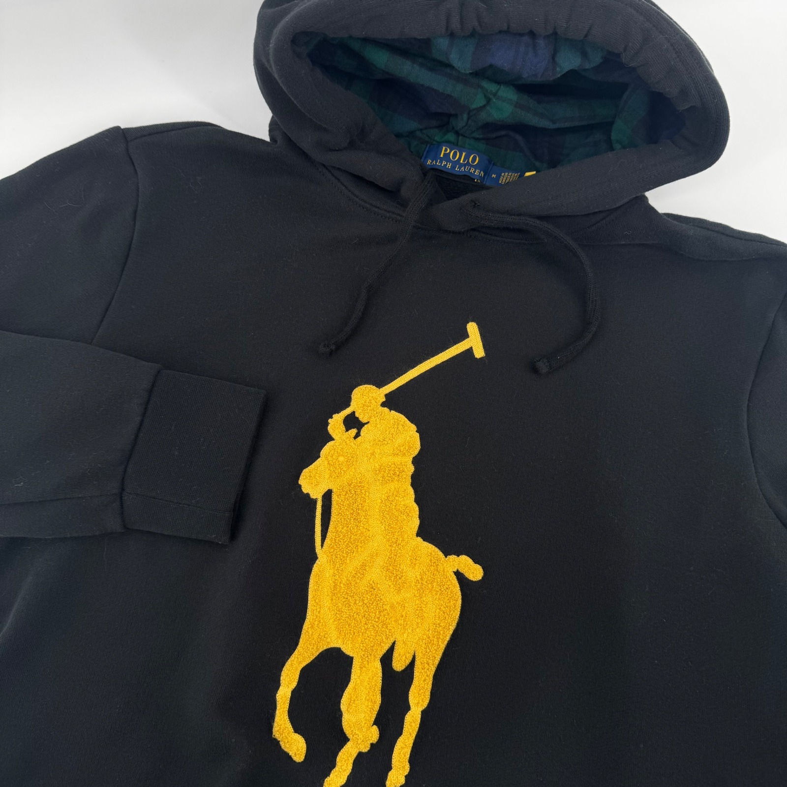 Polo Ralph Lauren Big Pony Chenille Embroidered Logo Plaid Hoodie Black Medium